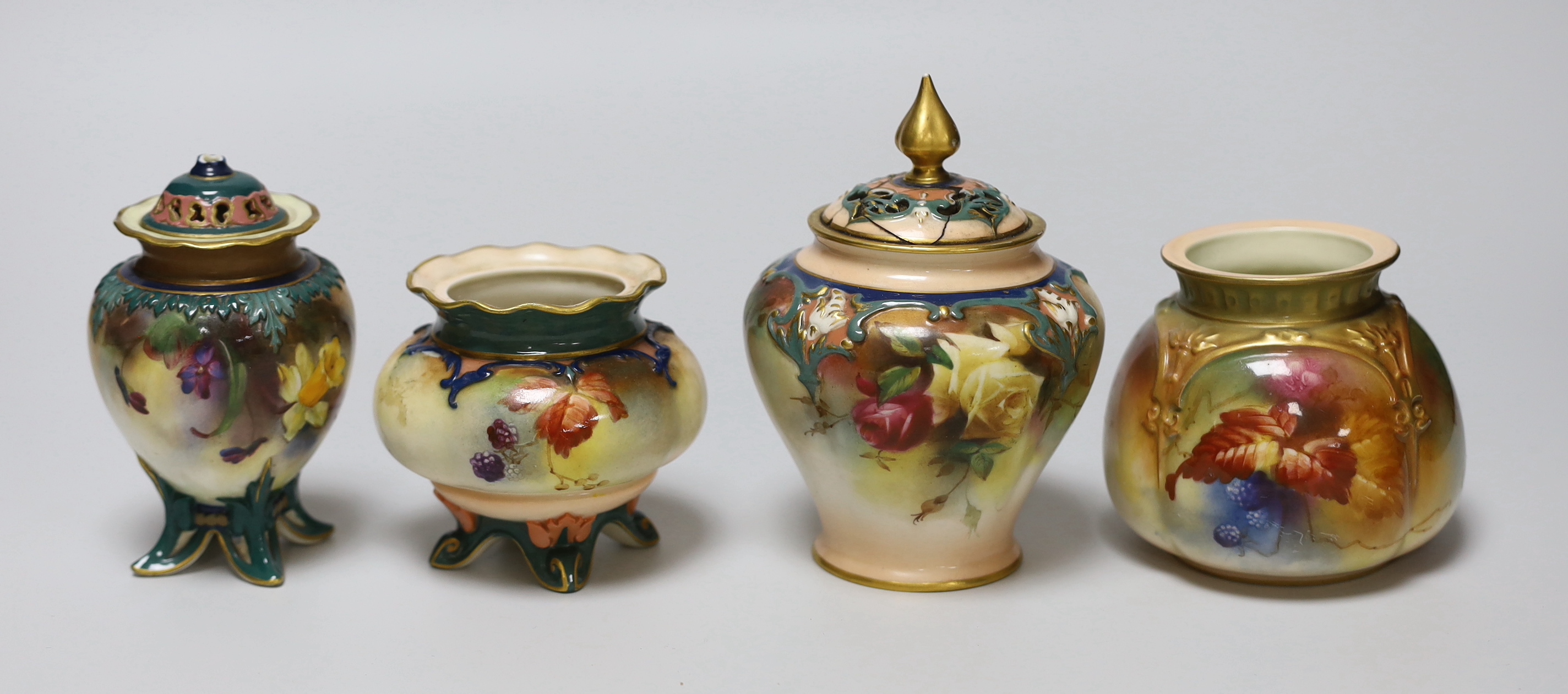 Six Royal Worcester ornamental vases, tallest 13cm, and two Harley’s Worcester pots